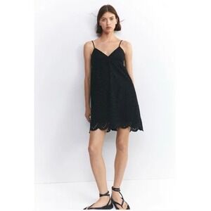 H&M Black Eyelet Embroidered Babydoll Mini Dress Tie Back Scalloped Hem Womens M